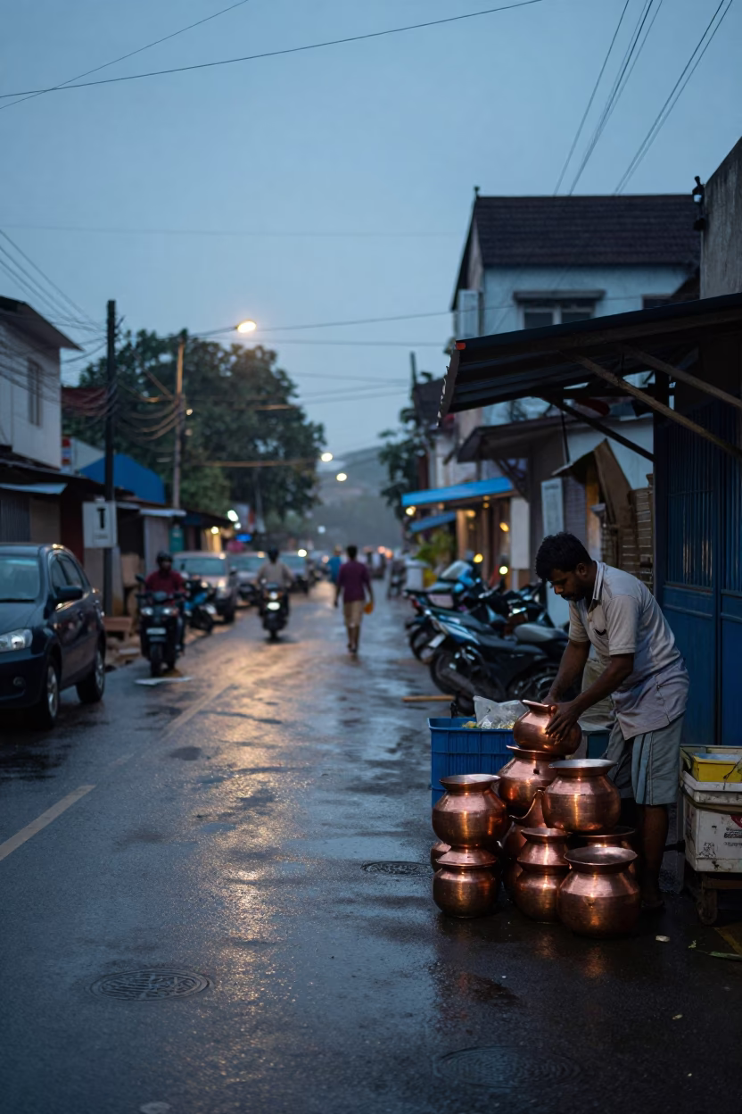 Chennai India street scene before dawn with copper pots and wet pavement in in Chennai, India