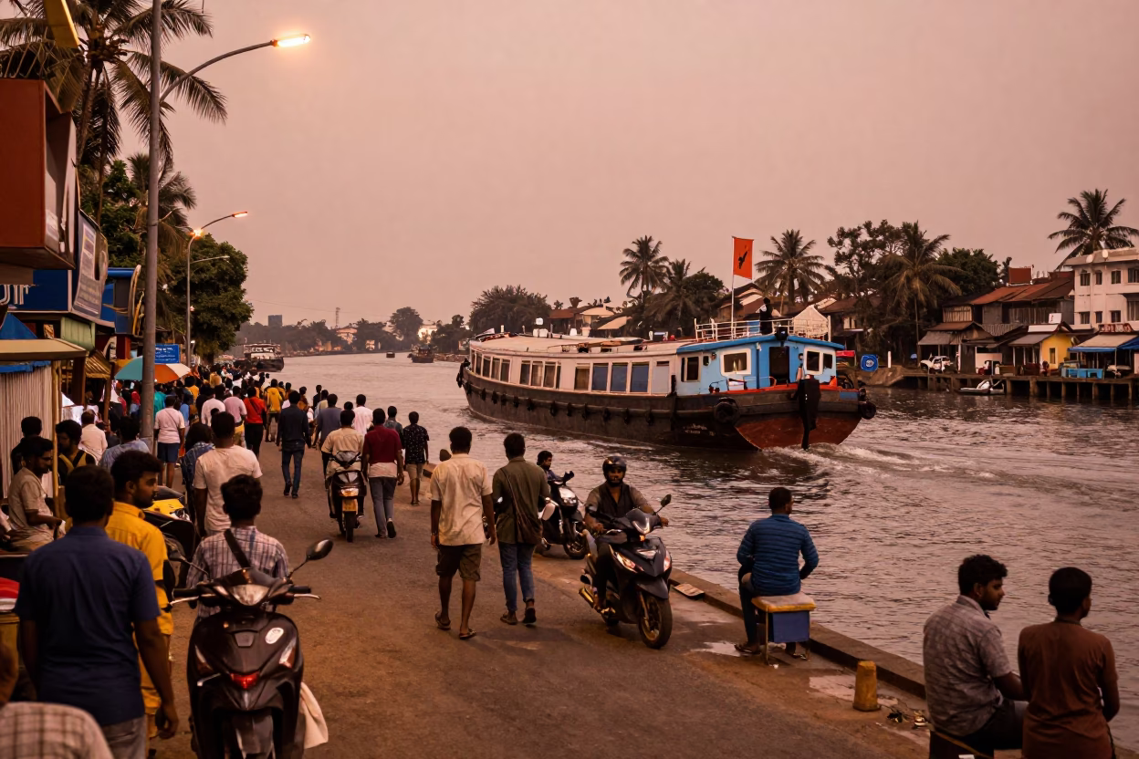 Chennai India street scene before dusk with canal barge and urban landscape in in Chennai, India