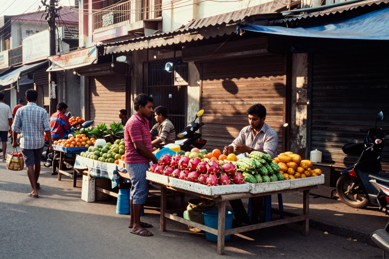 Chennai India street scene early afternoon with fruit vendor and traditional architecture in in Chennai, India