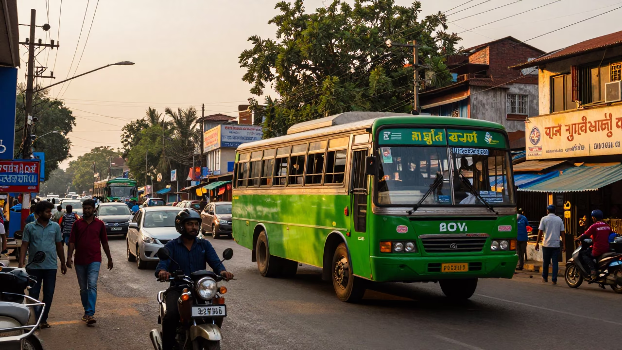 Chennai India street scene golden hour traffic and local commerce in in Chennai, India