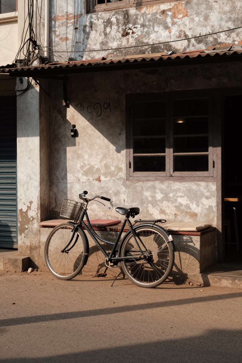 Chennai India Street Scene Late Afternoon Bicycle Cafe Cushions in in Chennai, India
