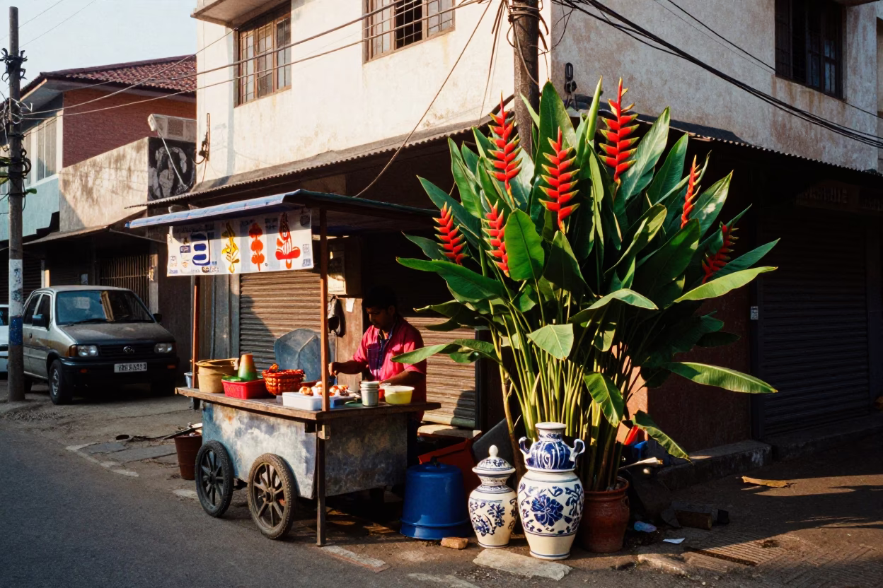 Chennai India Street Scene Late Morning with Heliconia and Ceramic Bowl in in Chennai, India