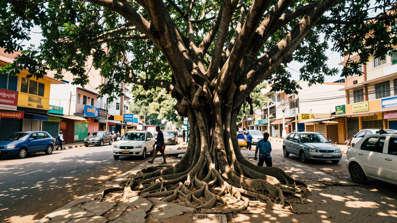 Chennai India Street Scene Noon Light Kapok Tree Buttress Roots Palm Avenue in in Chennai, India