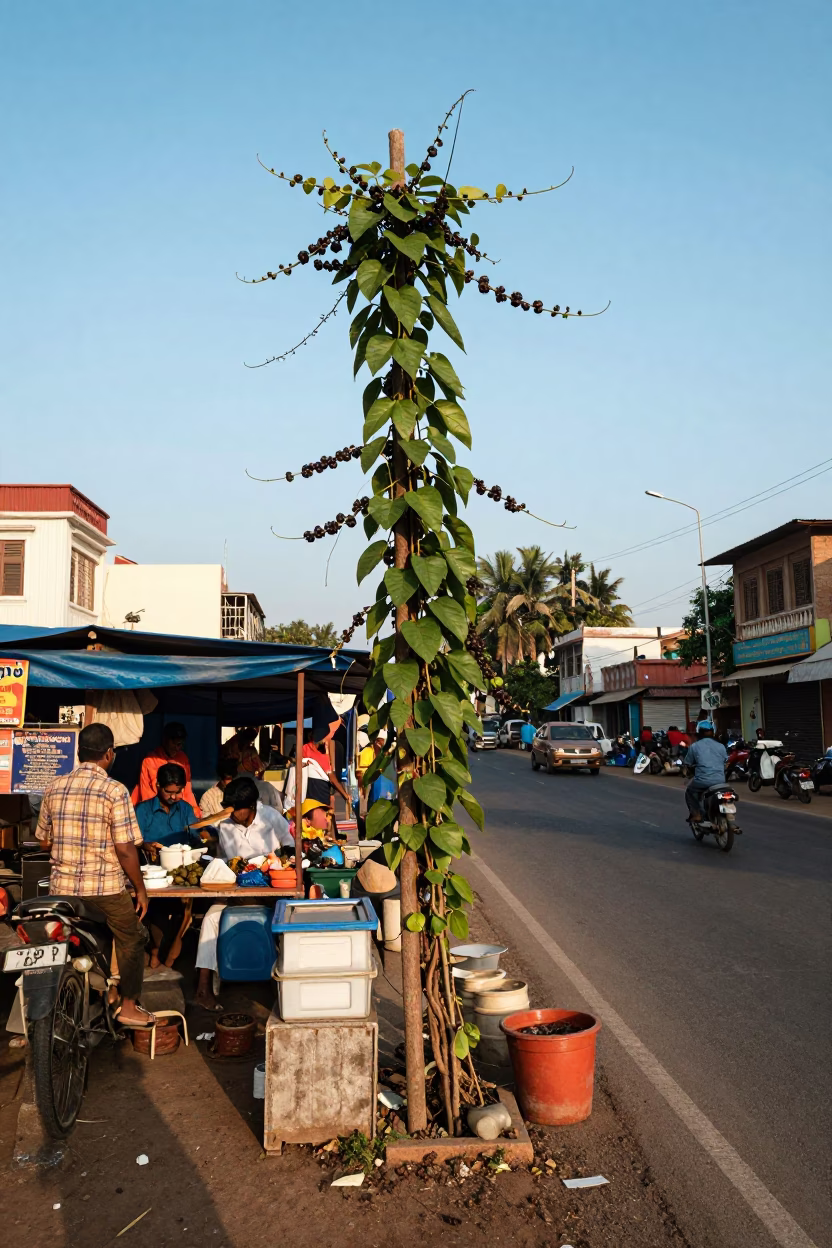 Chennai India Street Scene with Black Pepper Vine and Local Market Activity in in Chennai, India