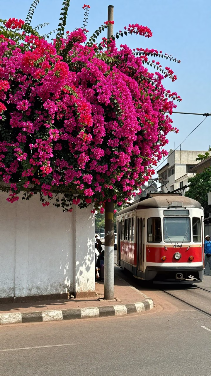 Chennai India street scene with bougainvillea and tram under noon glare in in Chennai, India