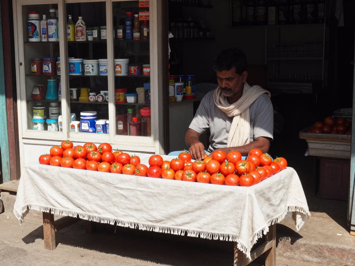 Chennai India Street Scene with Linen Fringe Bench and Tomatoes in Bright Midmorning Light in in Chennai, India