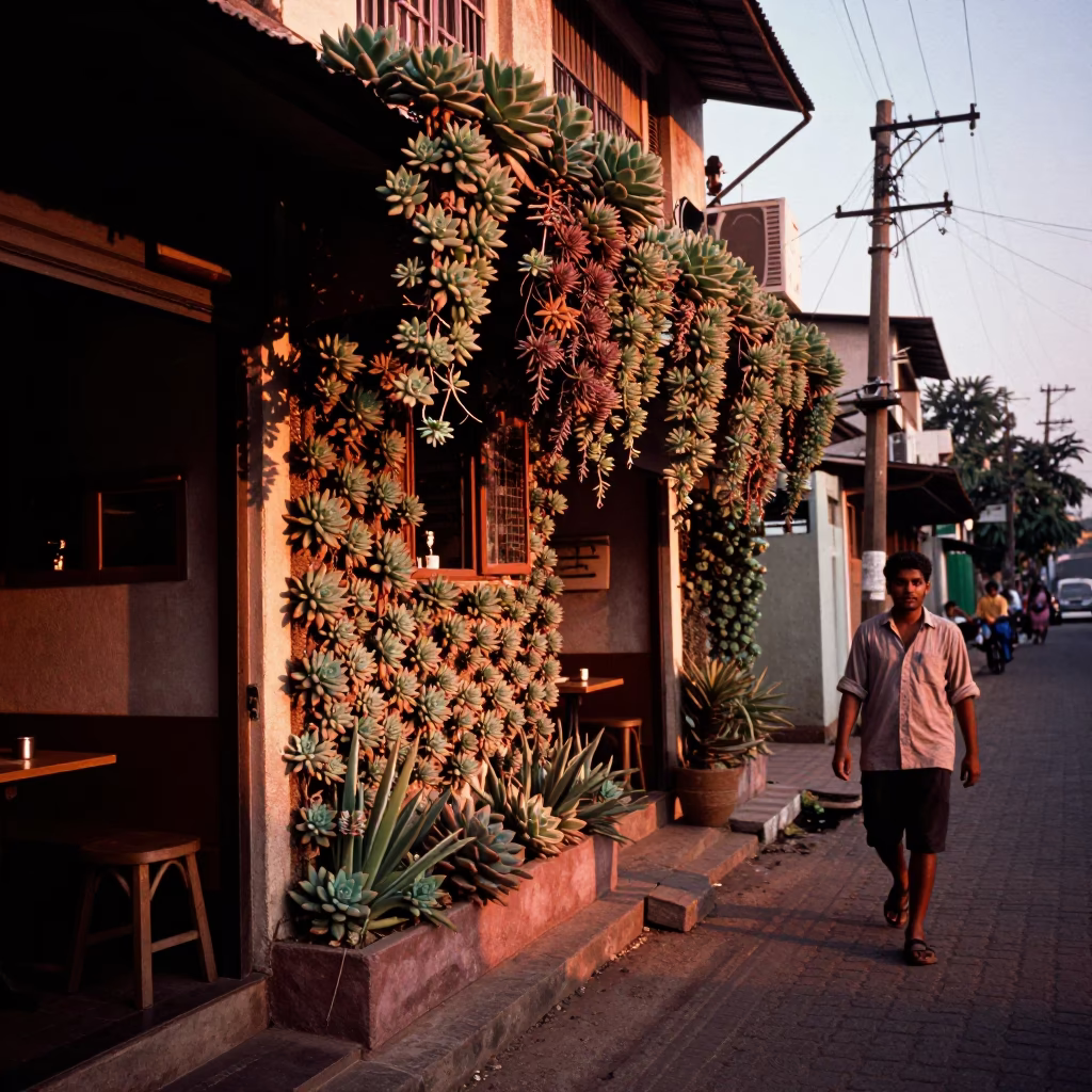 Chennai India street scene with succulent cafe wall and cobbler in dusk light in in Chennai, India