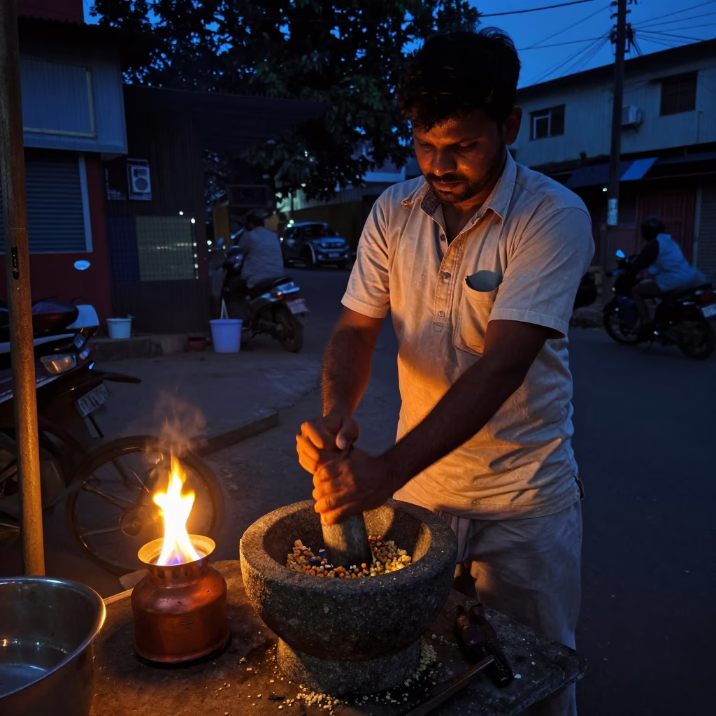 Chennai India street vendor predawn darkness mortar and pestle cooking scene in in Chennai, India