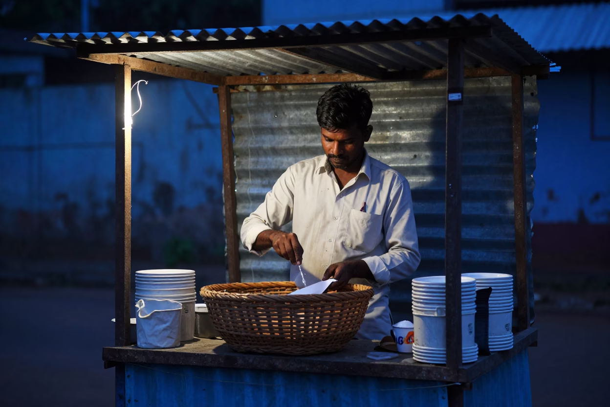 Chennai India street vendor preparing tea before dawn with basket tray and dish towels in in Chennai, India