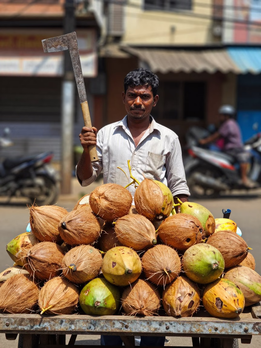 Chennai India street vendor selling fresh coconuts under bright midmorning sunlight in in Chennai, India