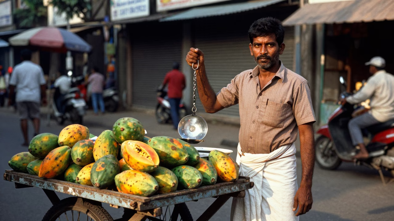 Chennai India Street Vendor Selling Papayas Early Afternoon Realistic Photograph in in Chennai, India