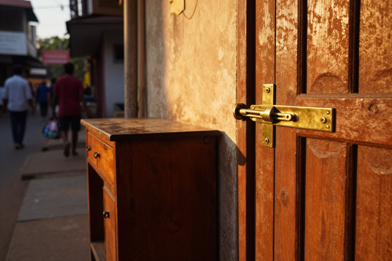 Chennai India Sunset Street Scene with Brass Latch and Wooden Desk in in Chennai, India