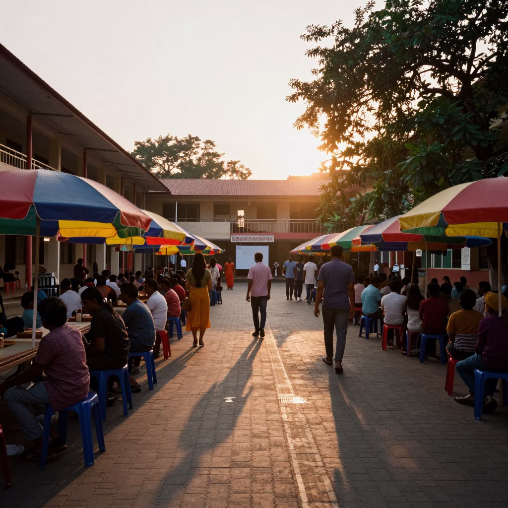 Chennai India Sunset Street Scene with Colorful Umbrellas and Seminar Blocks in in Chennai, India
