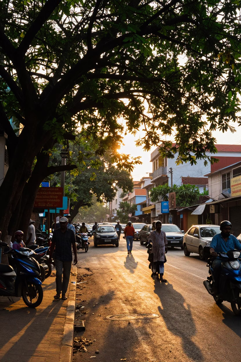 Chennai India Sunset Street Scene with Leaf Shadows and Vintage Car in in Chennai, India