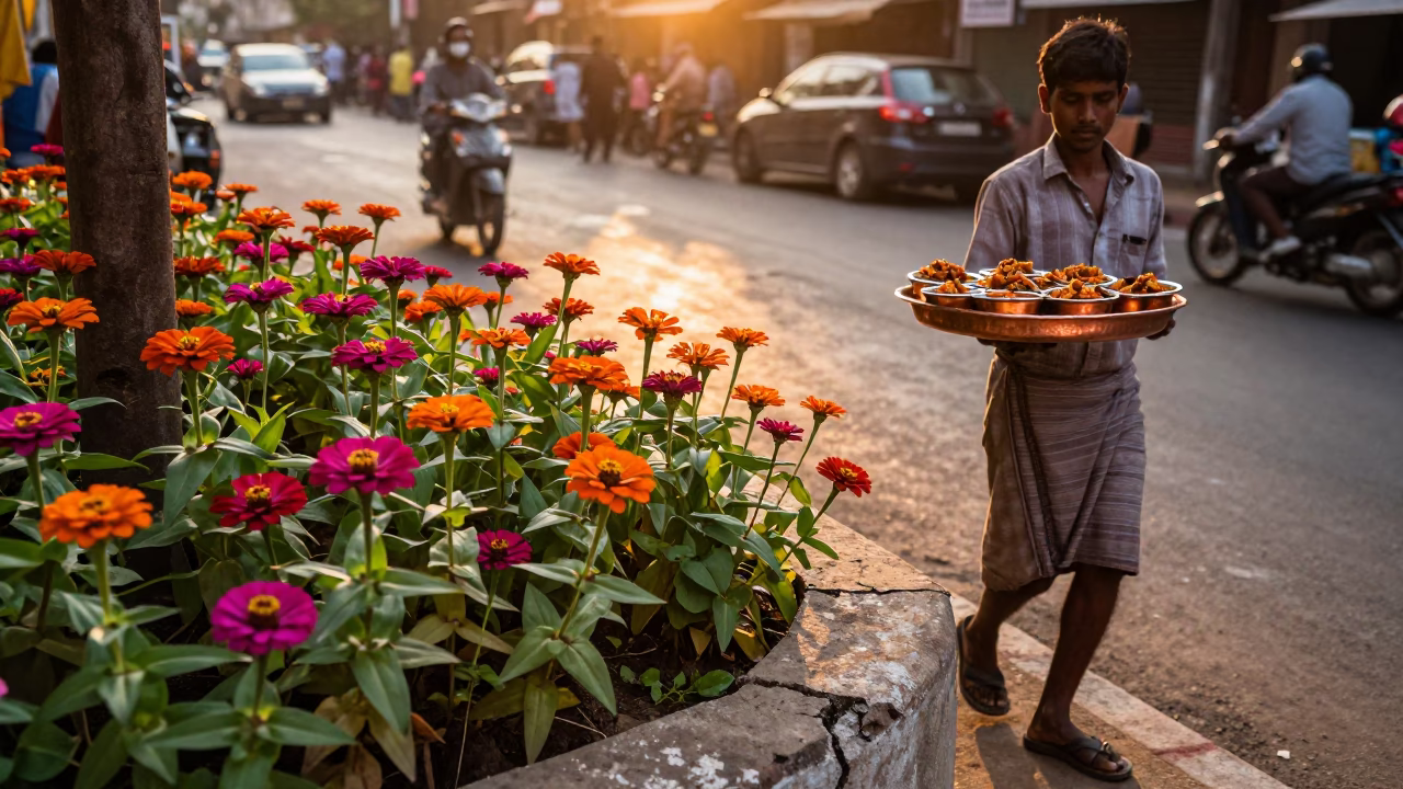 Chennai India Sunset Street Scene with Orange Zinnias and Copper Tray in in Chennai, India