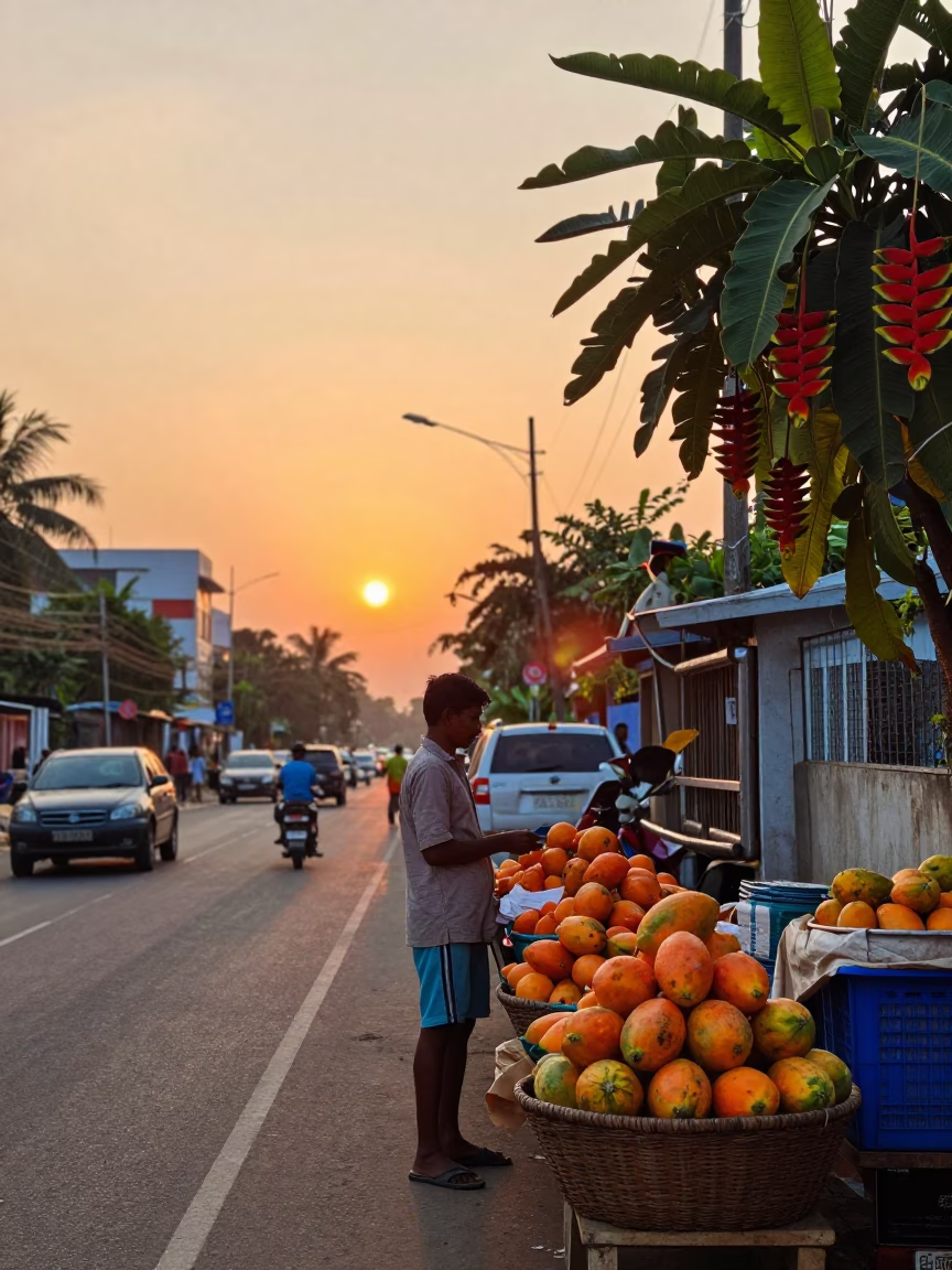 Chennai India Sunset Street Scene with Papayas and Heliconia Flowers in in Chennai, India
