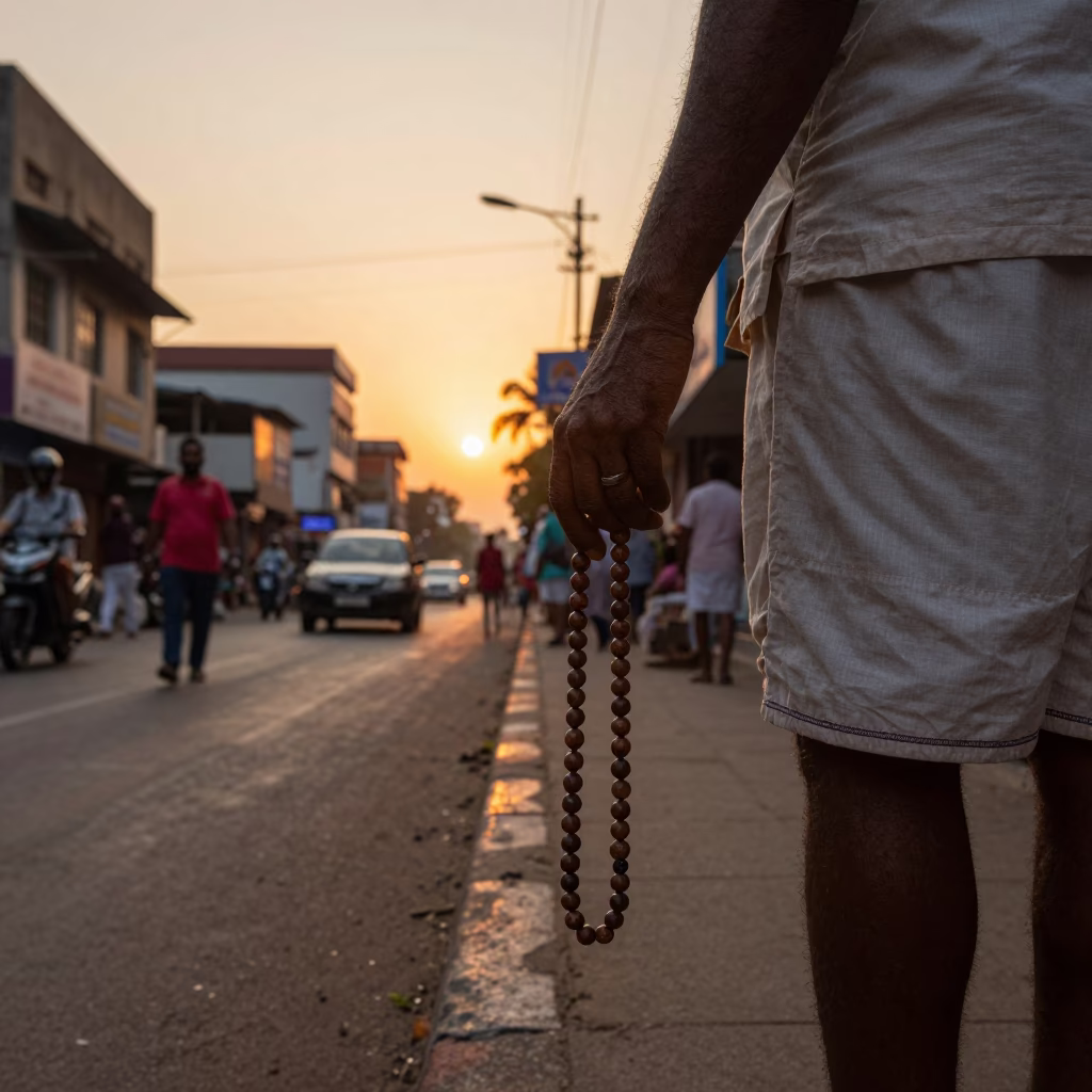 Chennai India Sunset Street Scene with Prayer Beads and Urban Drain Steam in in Chennai, India