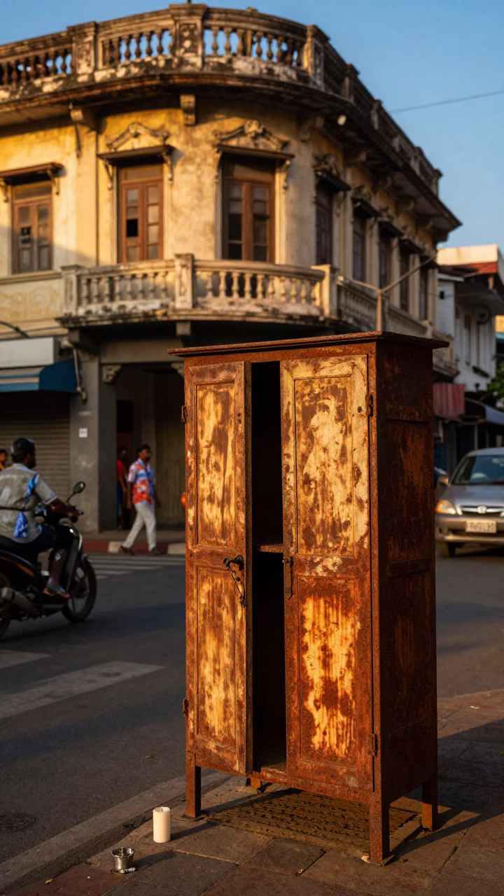 Chennai India Sunset Street Scene with Rusty Cabinet and Candle Holder in in Chennai, India