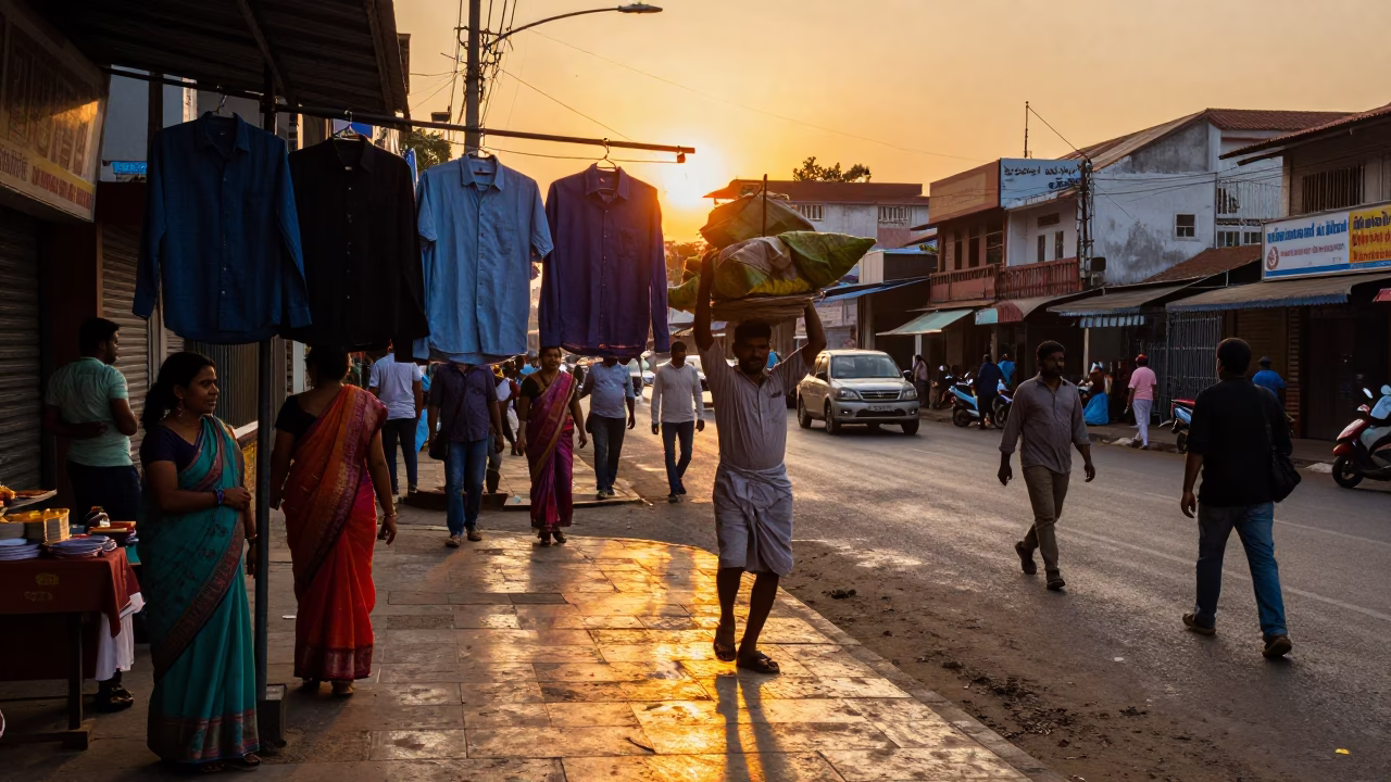 Chennai India Sunset Street Scene with Shirt Hanger and Local Life in in Chennai, India