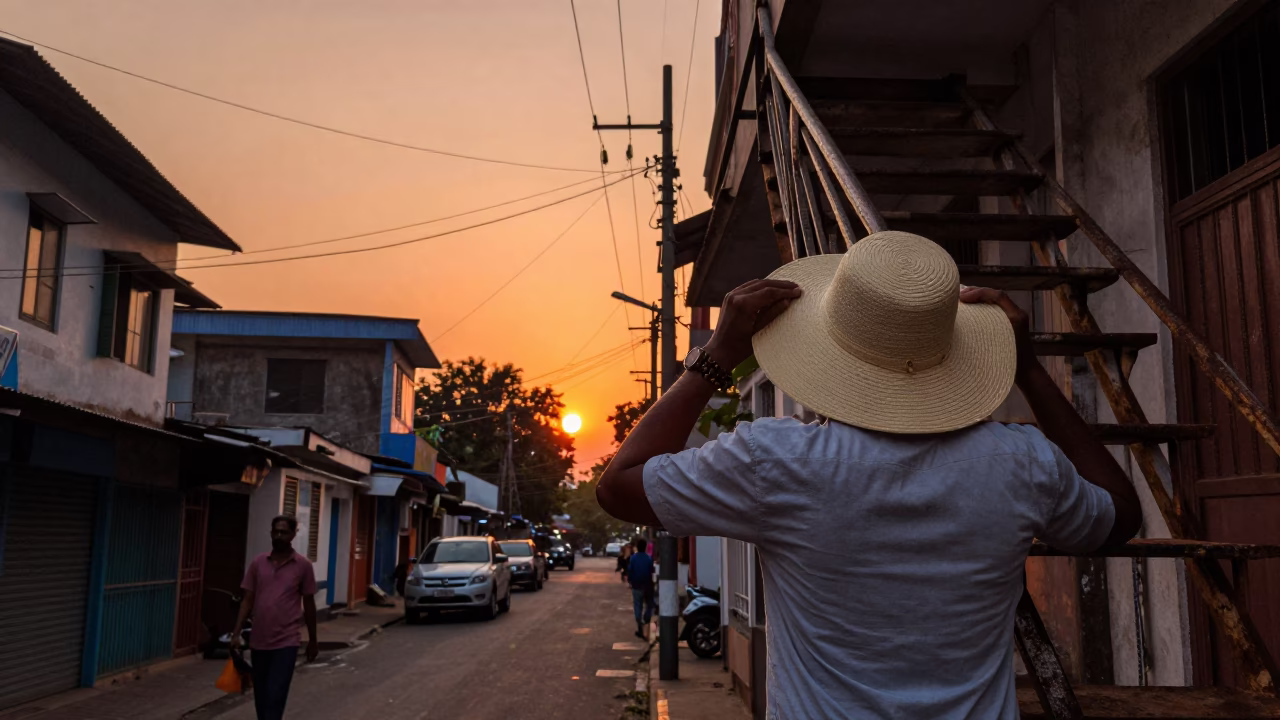 Chennai India Sunset Street Scene with Sun Hat and Stair Rail in in Chennai, India