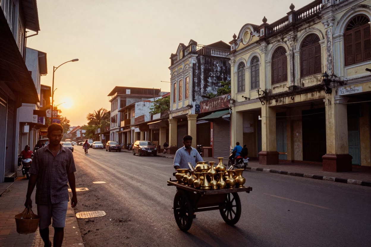 Chennai India Sunset Street Scene with Traditional Architecture and Daily Life in in Chennai, India