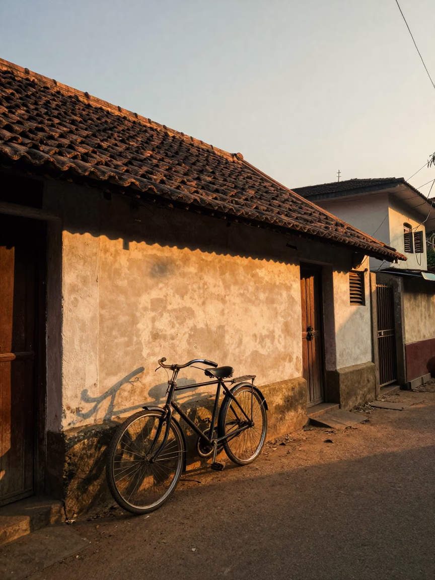 Chennai India Sunset Street Scene with Vintage Bicycle and Urban Life in in Chennai, India
