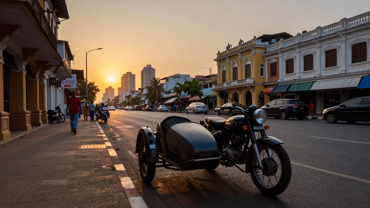Chennai India Sunset Street Scene with Vintage Motorcycle Sidecar and Leaf Shadows in in Chennai, India