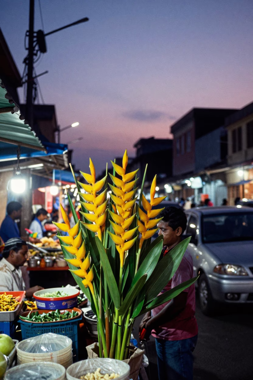 Chennai India Twilight Street Scene with Heliconia and Local Market Activity in in Chennai, India