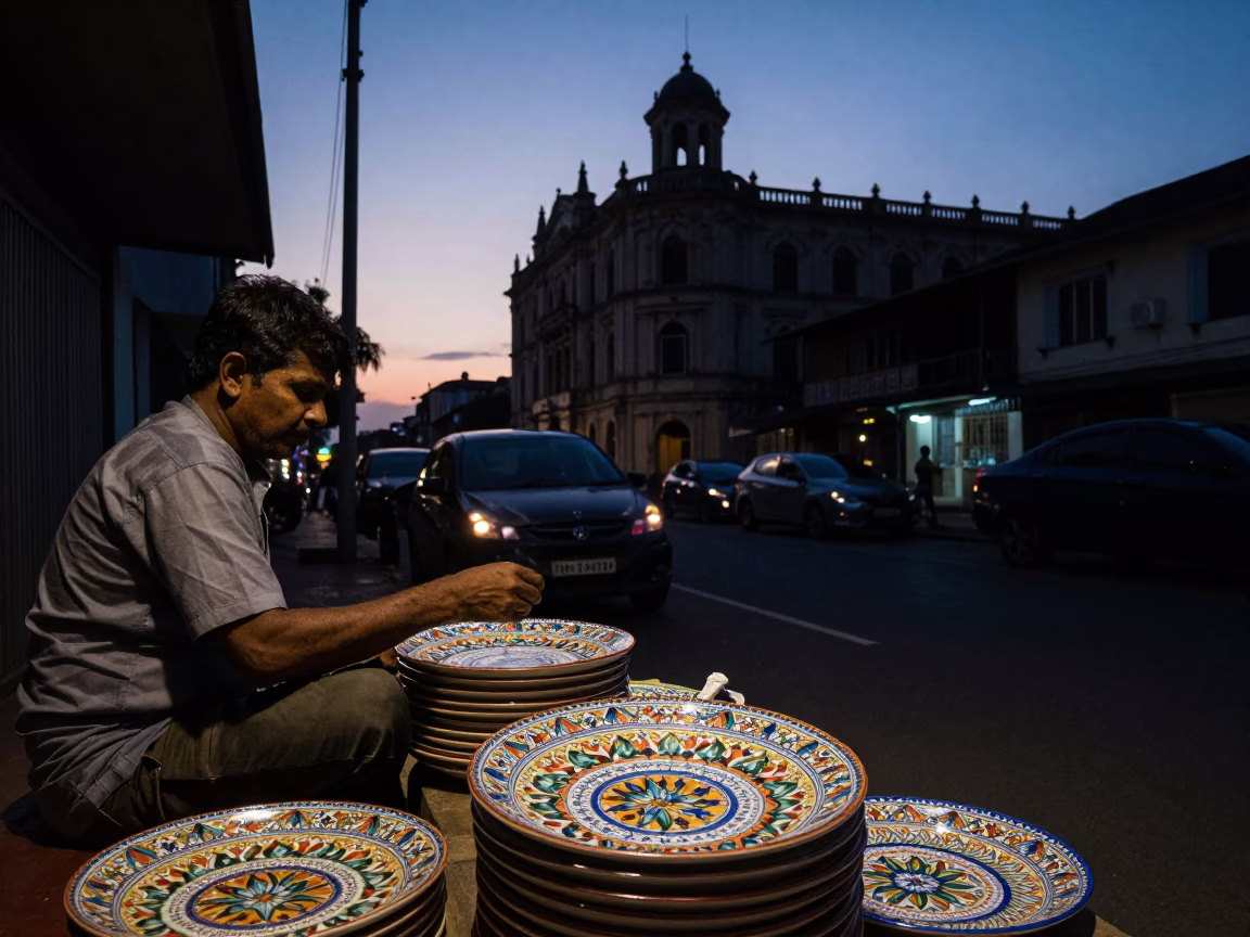 Chennai India Twilight Street Scene with Vintage Italian Majolica Plate and Tomatoes in in Chennai, India