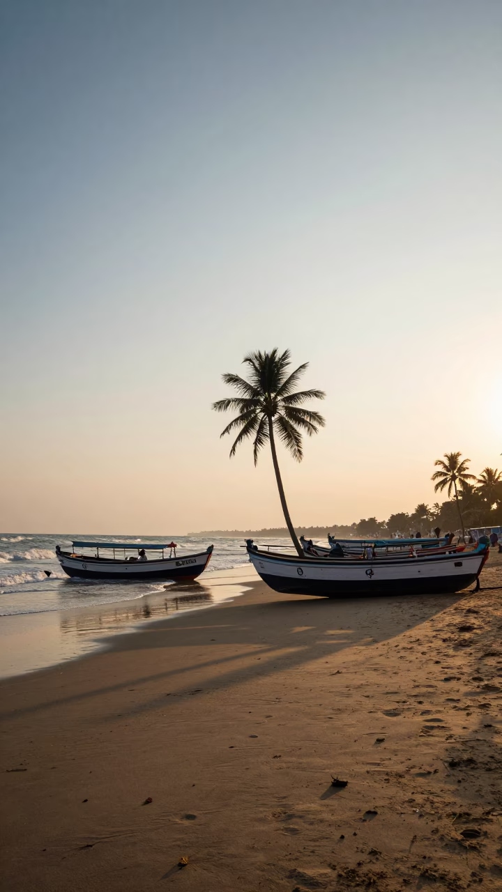 Chennai Marina Beach Sunset with Junk Boats and Date Palm Clusters in in Chennai, India