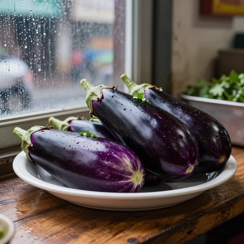 Chennai Market Imam Bayildi Eggplant Plate in at a market stall counter in Chennai