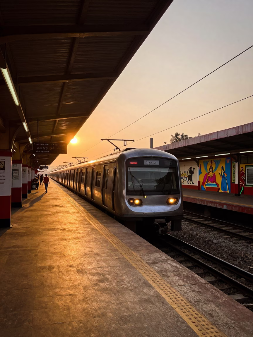 Chennai Metro Train Arrival at Art-Adorned Station During Golden Hour Sunset in in Chennai, India