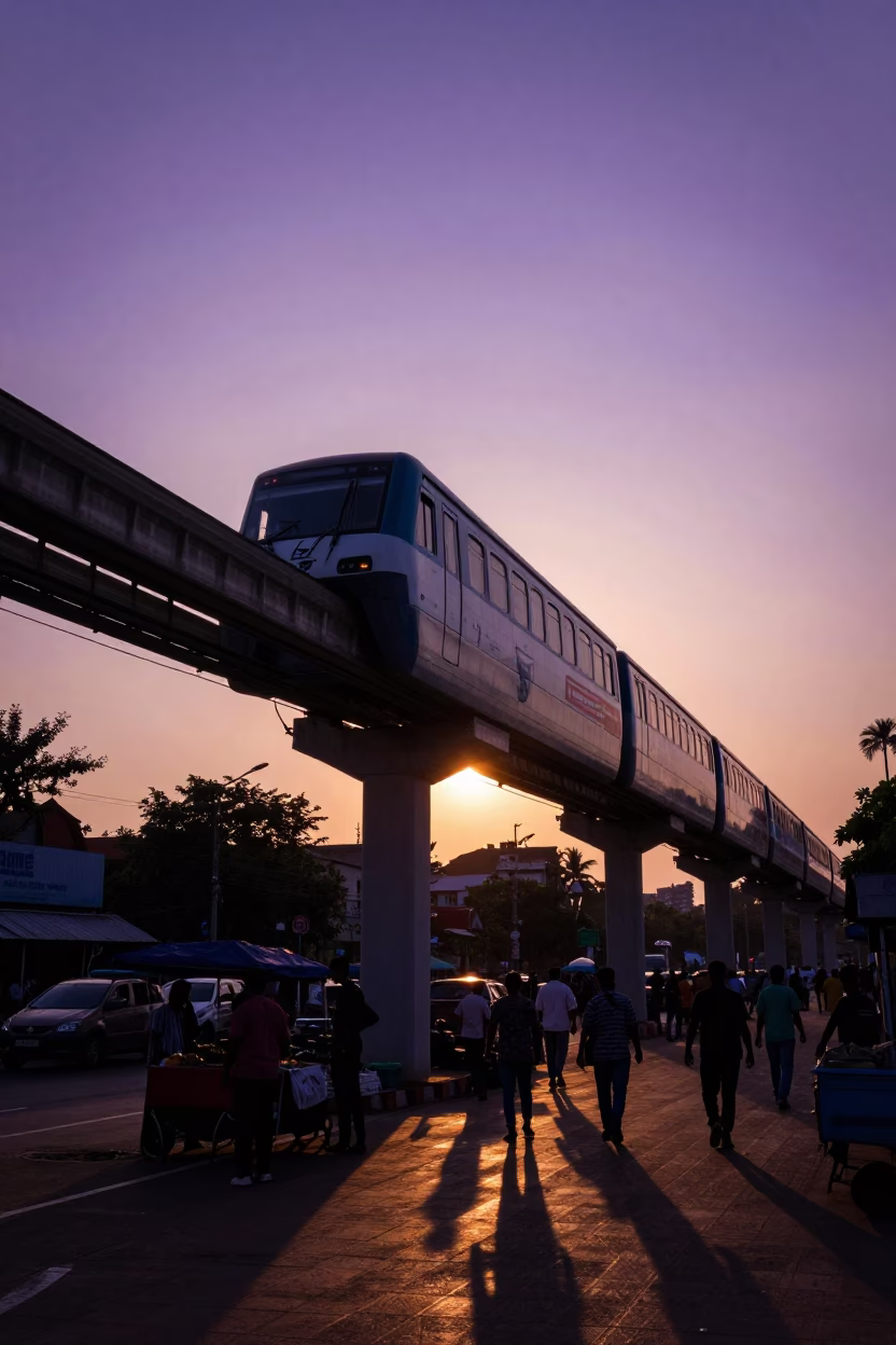 Chennai Monorail Sunset Silhouette and Street Life in in Chennai, India