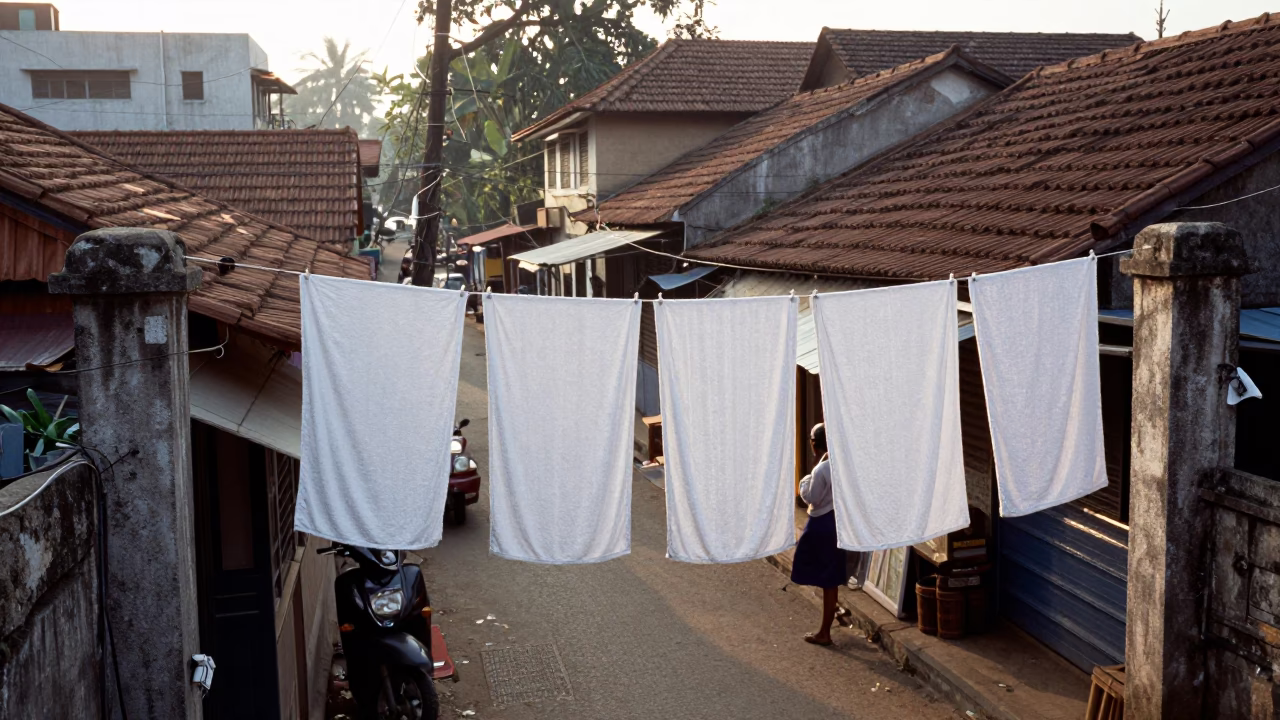Chennai Morning Street Scene with Drying Towels and Local Life After Sunrise in in Chennai, India