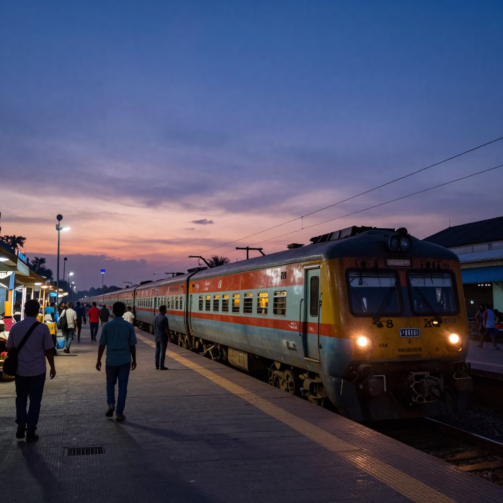 Chennai Nautical Dawn Commuter Train Platform with Morning Travelers in in Chennai, India