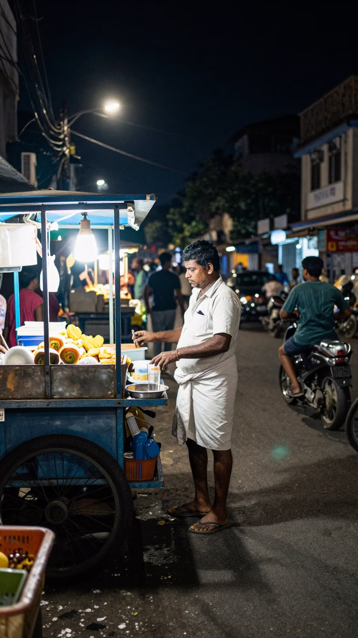 Chennai Night Street Scene with Glass Tumbler and Commuter Train Bridge View in in Chennai, India