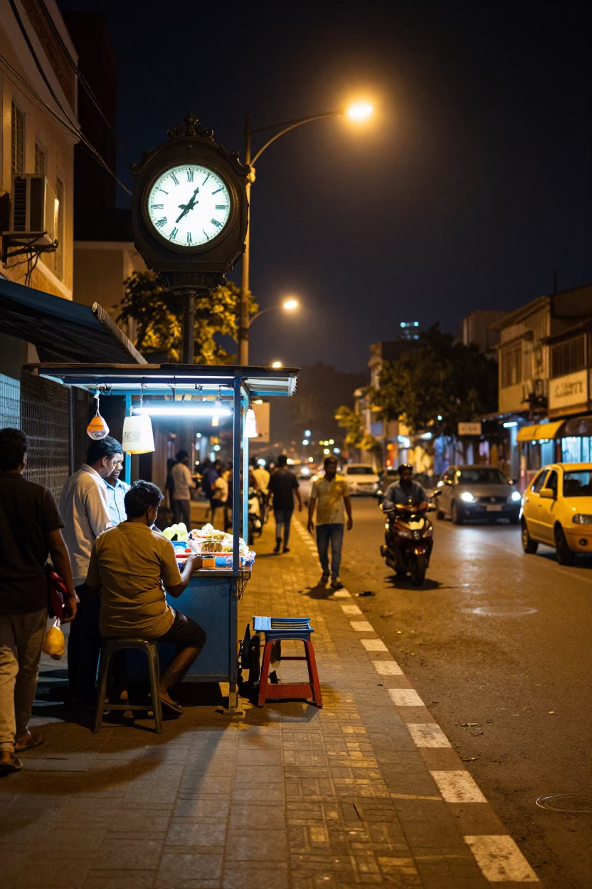 Chennai Night Street Scene with Vintage Train Station Clock and Paperbacks in in Chennai, India
