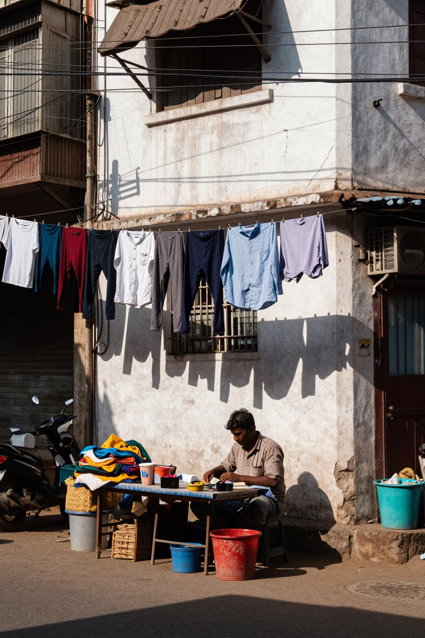 Chennai Noon Light Captures Street Vendor and Hanging Laundry in in Chennai, India
