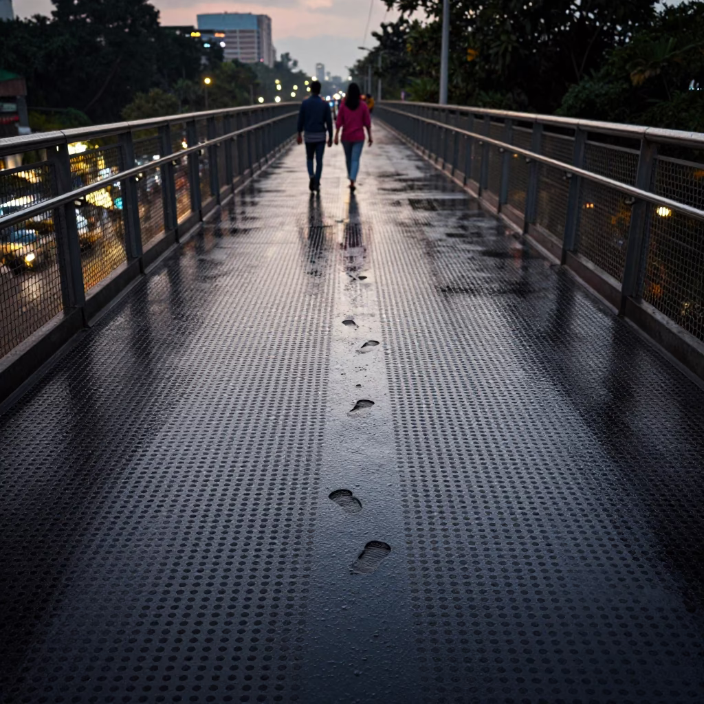 Chennai Pedestrian Overpass at Dusk with Wet Footsteps and City Lights in in Chennai, India