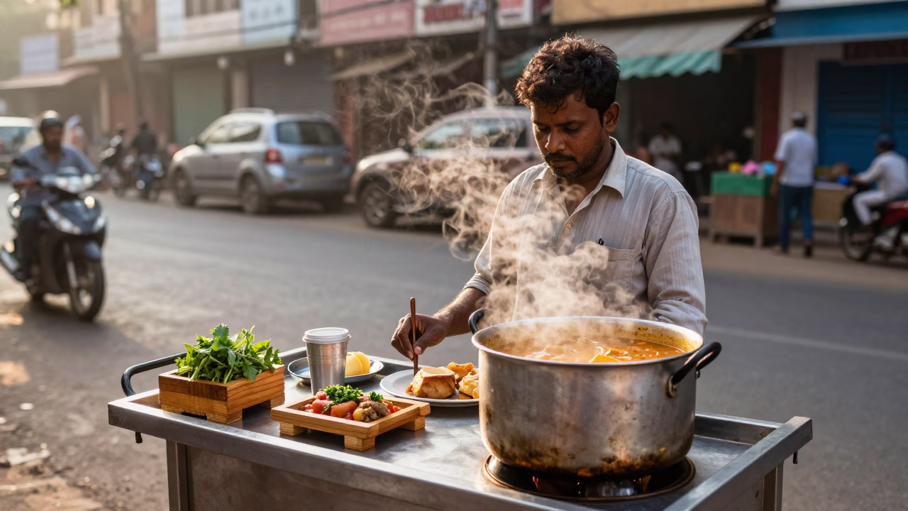 Chennai street breakfast scene with herb garnish and wooden tray at sunrise in India in in Chennai, India
