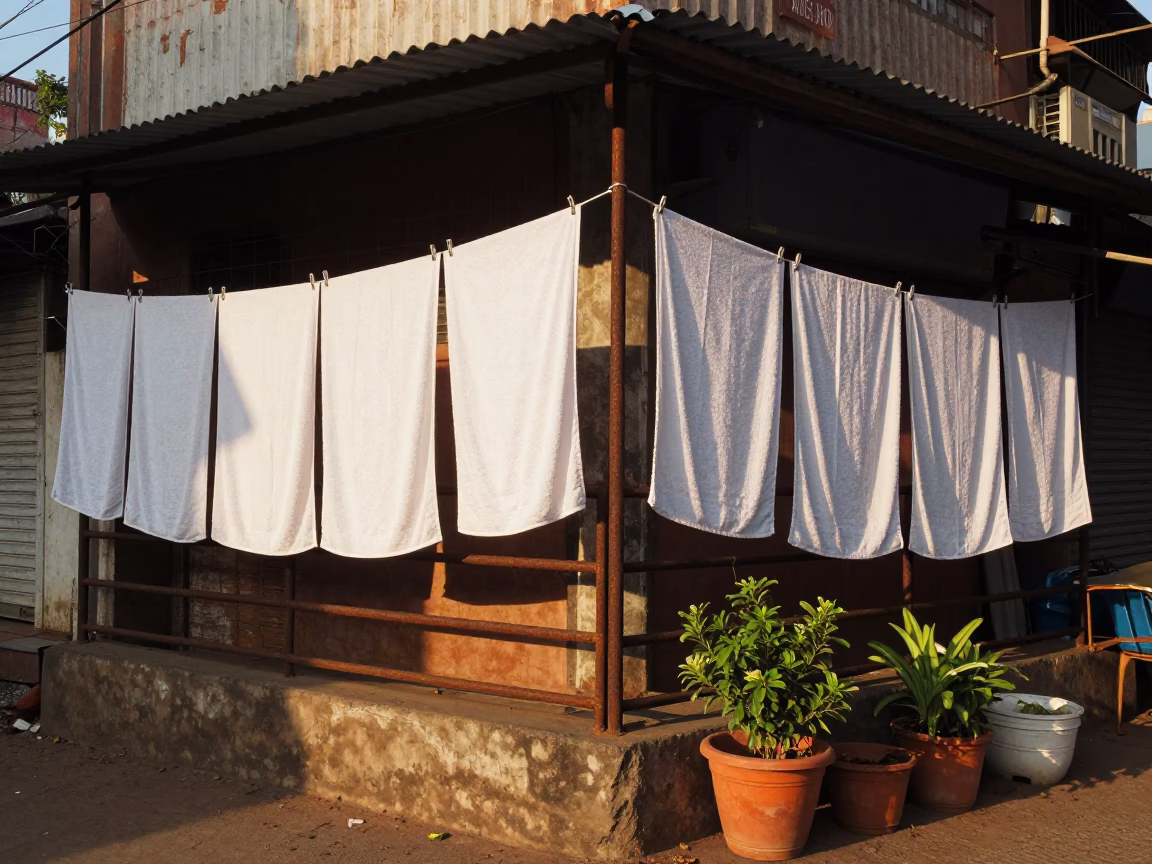 Chennai Street Corner Drying Towels and Plant Pots in Late Afternoon Light in in Chennai, India