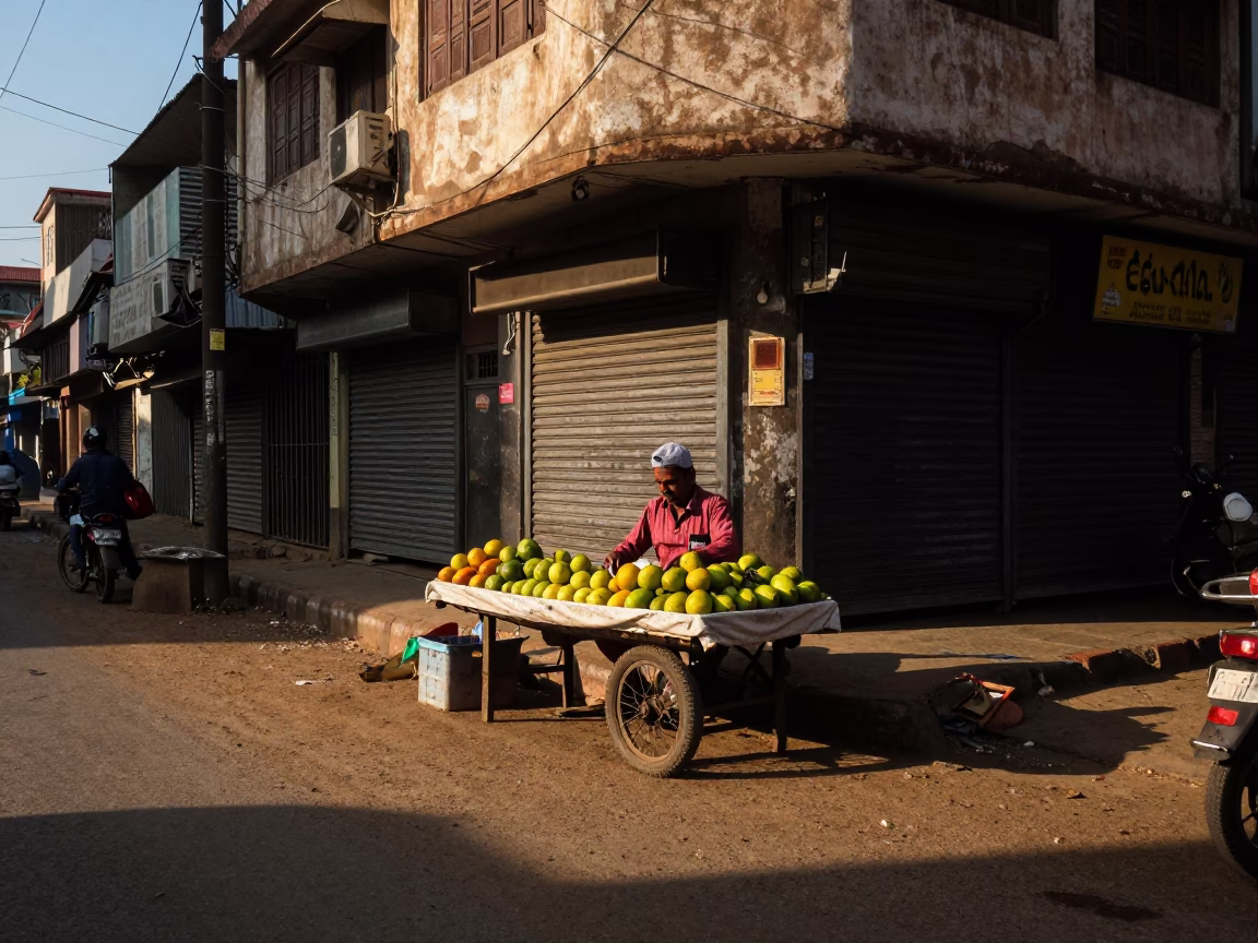 Chennai Street Corner Late Afternoon Light with Fruit Vendor and Nectarines in in Chennai, India