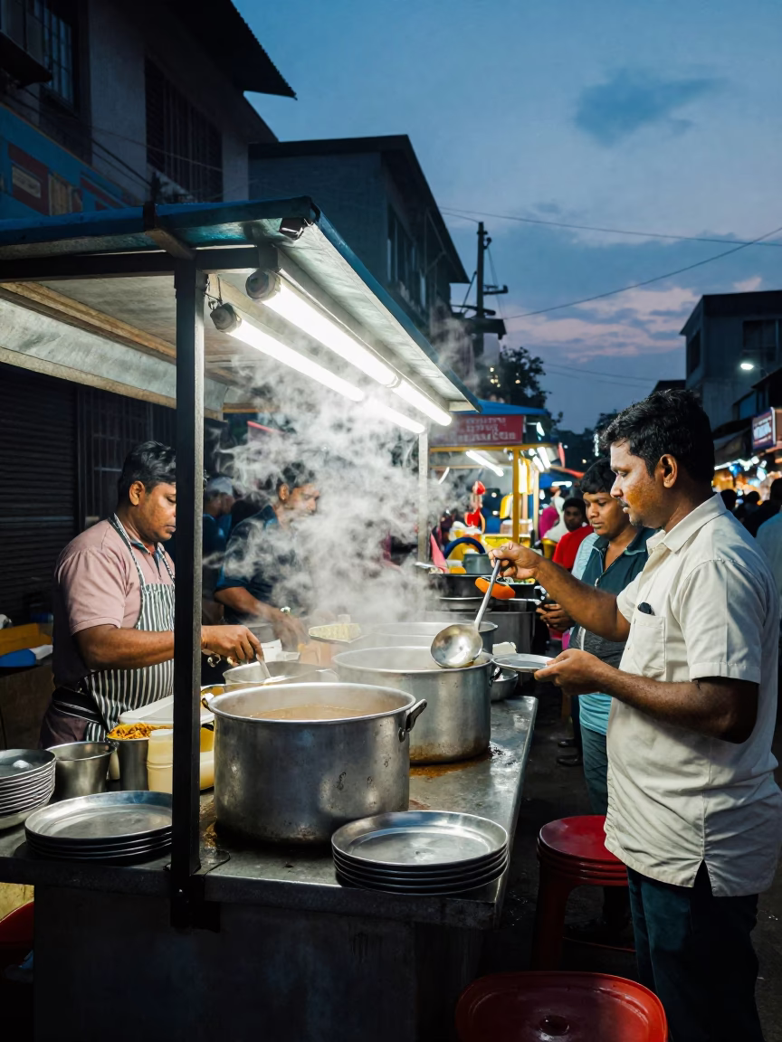 Chennai Street Food Stall at Dusk with Steel Plates and Electric Lights in in Chennai, India