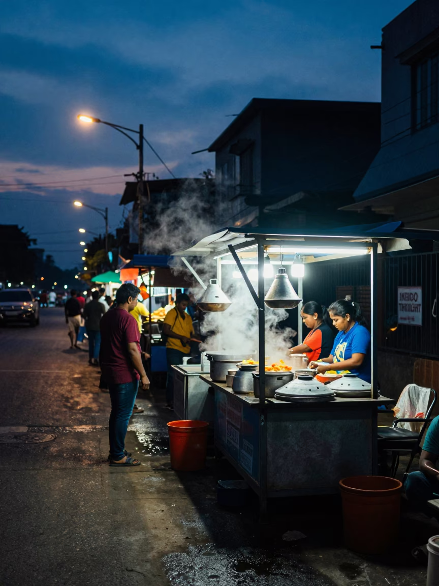 Chennai Street Food Stall at Indigo Twilight with Steam and Customers in in Chennai, India