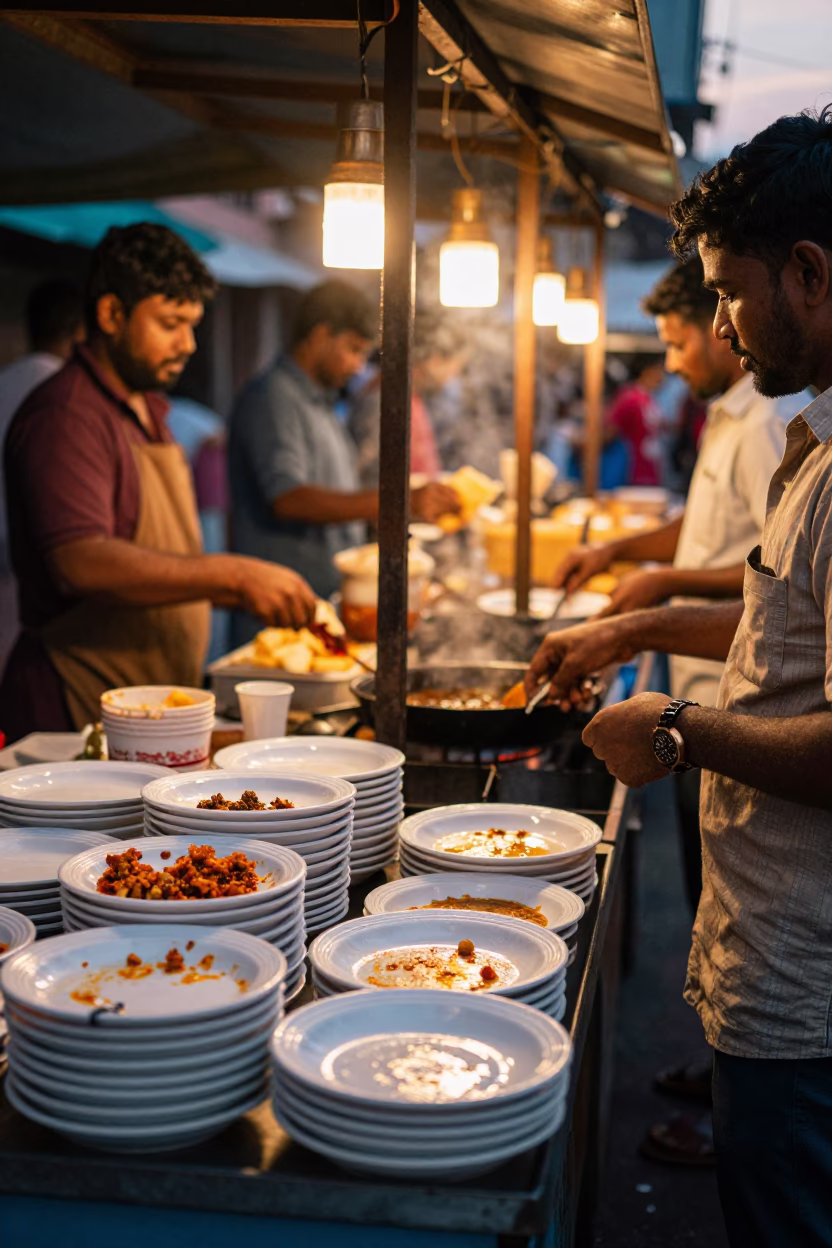 Chennai Street Food Stall Evening Scene with Ceramic Plates and Busy Crowd in in Chennai, India