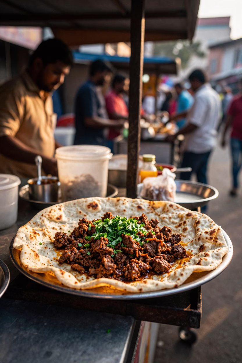 Chennai Street Food Stall Late Afternoon Lahmacun Plate with Fresh Herbs and Local Diners in in Chennai, India
