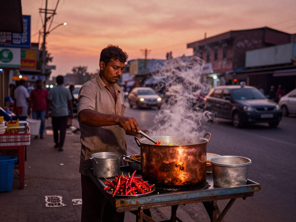 Chennai Street Food Vendor Cooking Chili Peppers in Copper Dusk Light in in Chennai, India
