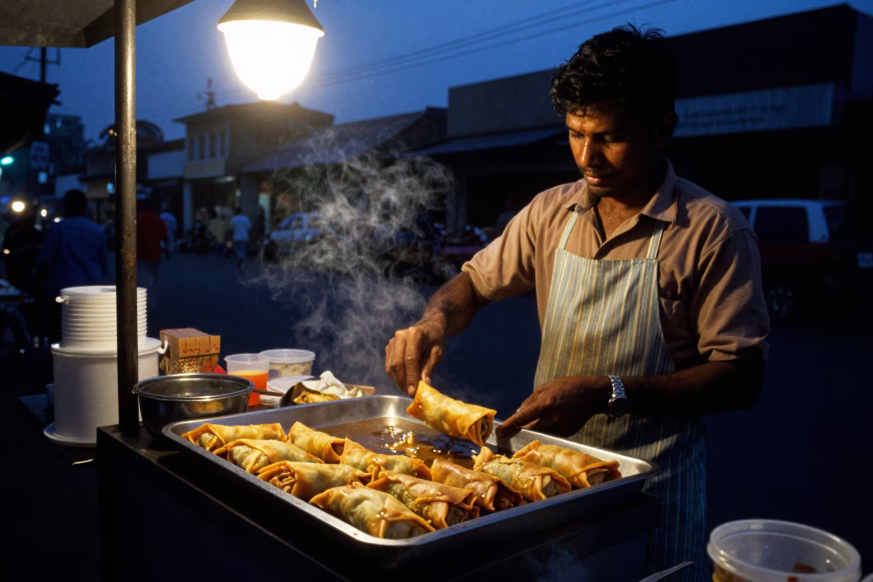Chennai Street Food Vendor Cooking Lumpia at Indigo Twilight in in Chennai, India