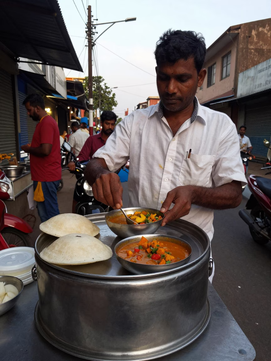 Chennai Street Food Vendor Evening Idli Sambar Tiffin Carrier Black Pepper Vine in in Chennai, India