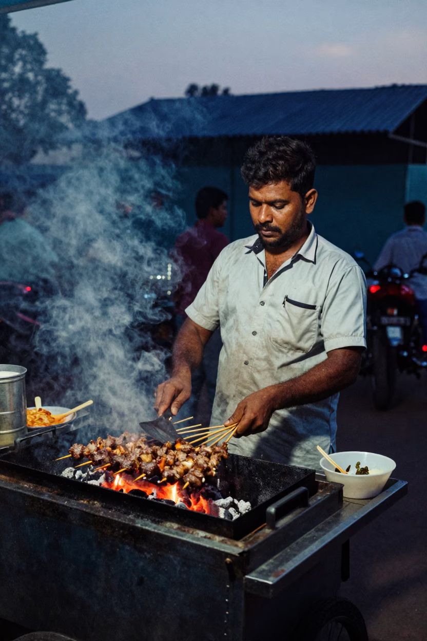 Chennai Street Food Vendor Grilling Kebabs at Twilight with Coal Smoke in in Chennai, India
